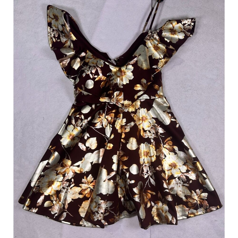 Mine Women’s Floral Fit Flare Dress Burgundy Gold Ruffle Size M USA Made